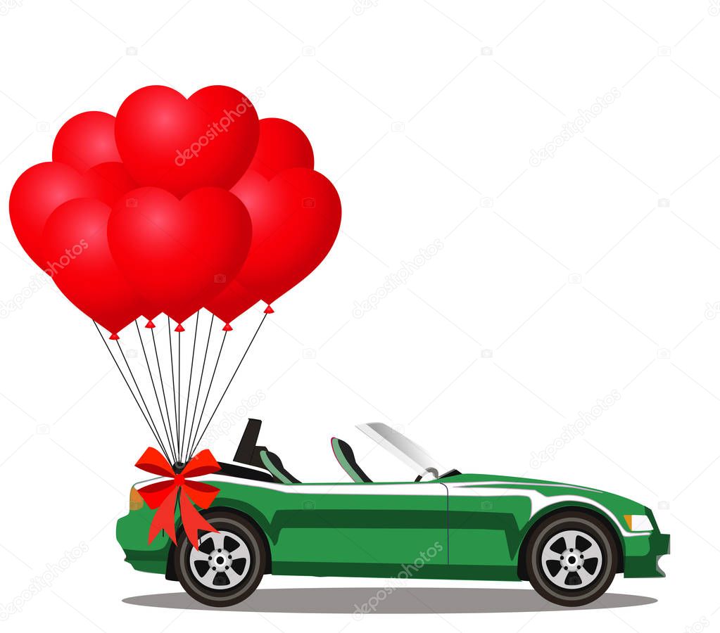 Green opened cartoon cabriolet car with heart balloons