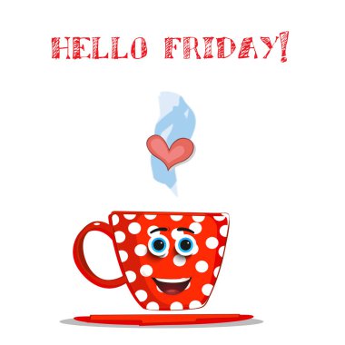 Beyaz arka plan üzerinde şirin Kupası ile Cuma kartı Merhaba