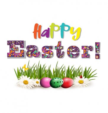 Renkli metin ve yumurta çimenlerin üzerinde mutlu Paskalya tebrik kartı 