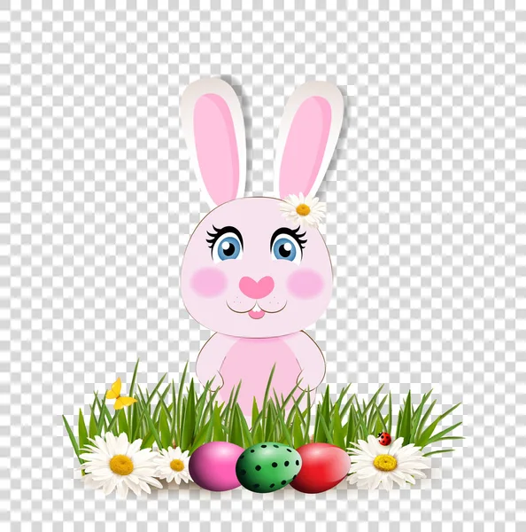 Cute cartoon pink bunny among  dyed eggs on green grass — Stock Vector