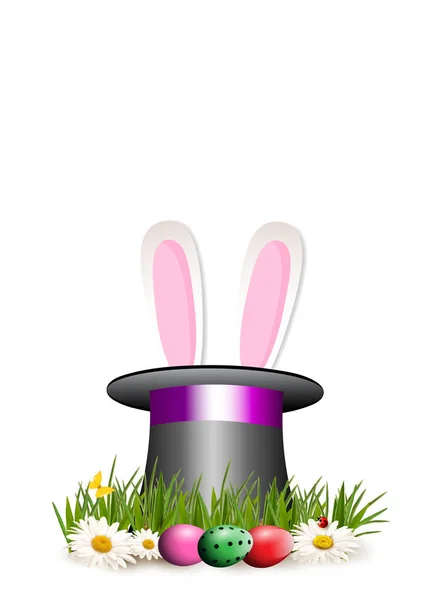 Pinza de Pascua para tarjeta de felicitación con orejas de conejo en cilindro de sombrero — Archivo Imágenes Vectoriales