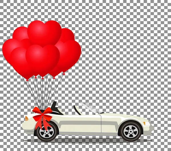 赤いボールの束と白のモダンな開かれた漫画カブリオレ車 — ストックベクタ