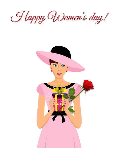 Feliz día de las mujeres tarjeta de felicitación con adorable chica en vestido rosa — Archivo Imágenes Vectoriales