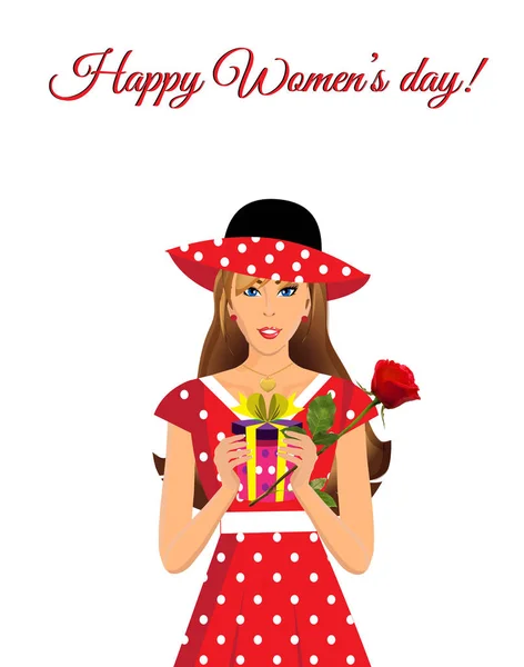 Boldog női nap üdvözlés kártya-val piros ruha aranyos lány — Stock Vector