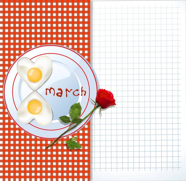 Március 8-i sablon, a tojás és a vörös rózsa — Stock Vector