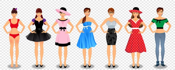 Vackra flickor i olika garderob set — Stock vektor