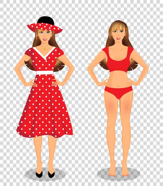 Девушки установлены в бикини нижнее белье и красное платье изолированы — стоковый вектор