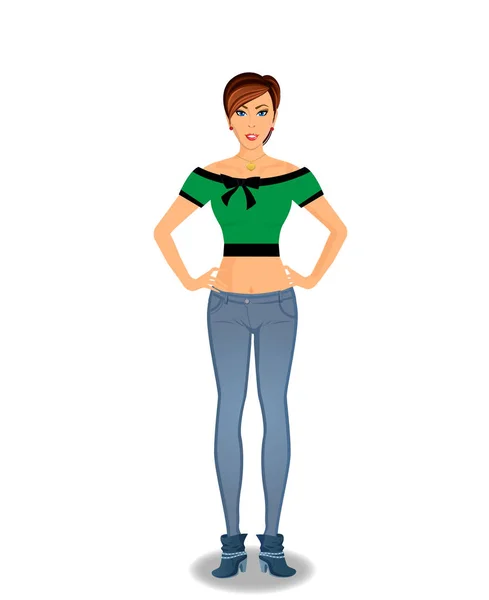 Bella giovane donna personaggio dei cartoni animati in jeans blu stretti — Vettoriale Stock