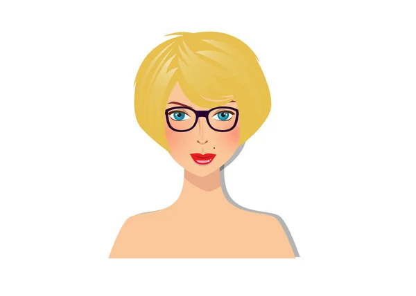 Schöne blonde Mädchen mit blauen Augen und Brille mit herrlichen Bob Frisur gelb Farbe Frisur Porträt — Stockvektor