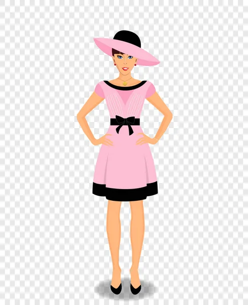 Hermoso personaje de dibujos animados de mujer en vestido rosa y sombrero — Archivo Imágenes Vectoriales