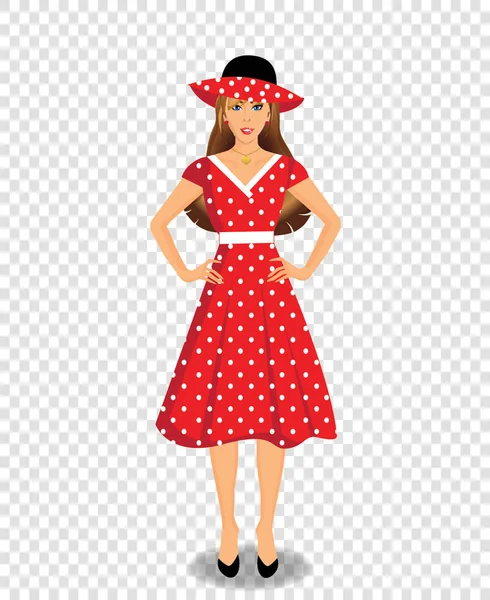 Красивая молодая женщина персонаж в красном платье и шляпе — стоковый вектор