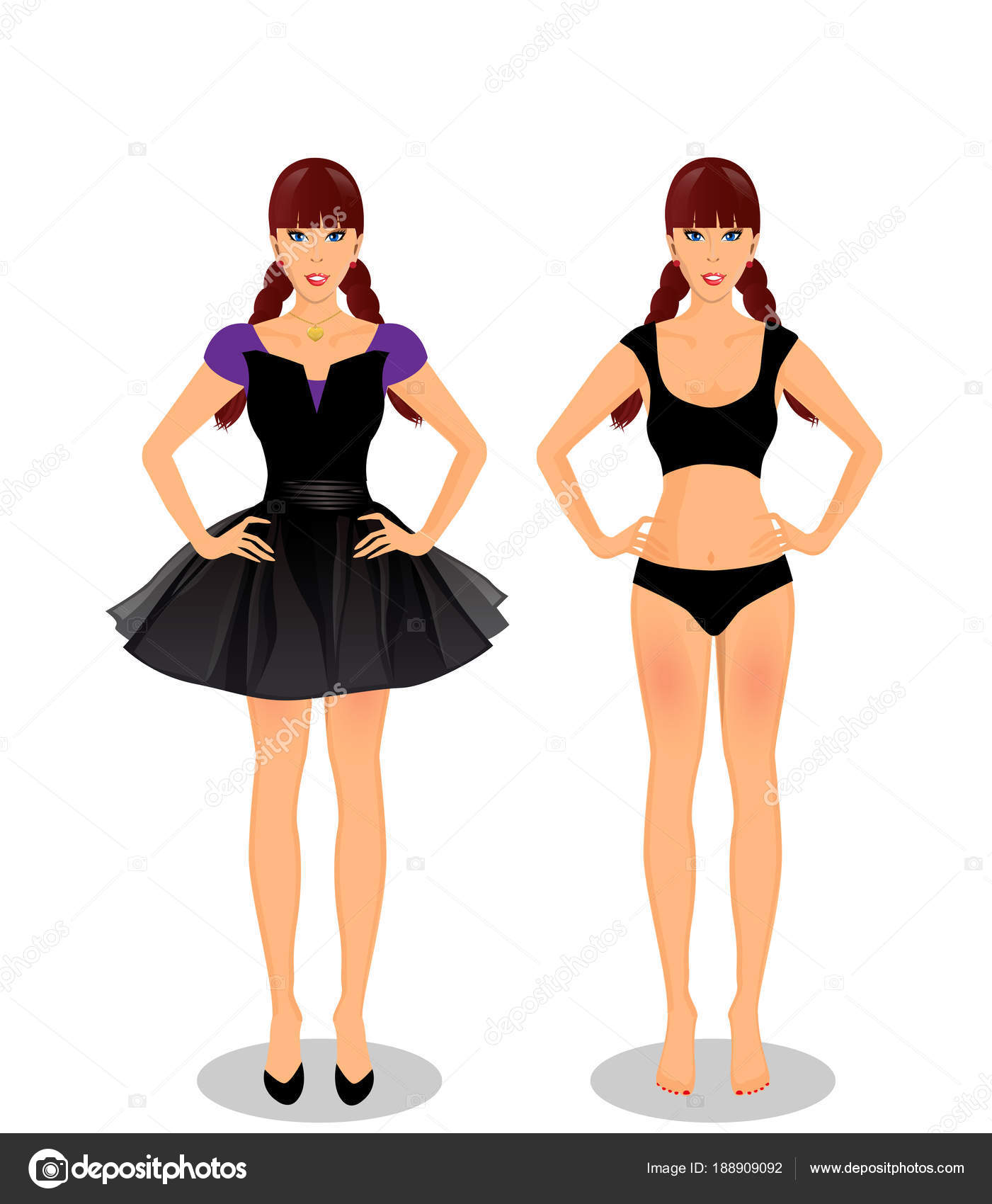 Cartoon girl with braided plaits in dress and underwear Stock Vector Image  by ©Katarepsius #188909092