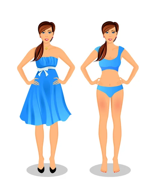 Tecknad flicka med långt brunt hår i blå klänning och bikini — Stock vektor