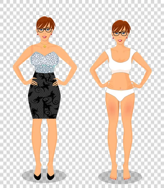 Chica de dibujos animados con pelo castaño corto en vestido negro y bikini blanco — Archivo Imágenes Vectoriales