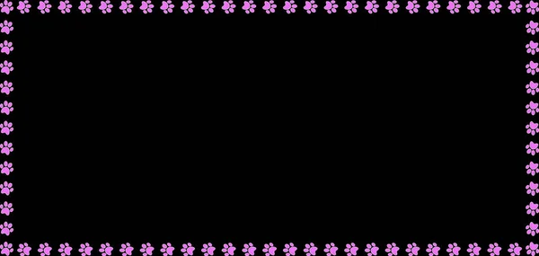 Cornice rettangolare fatta di stampe di zampe di animale rosa su sfondo nero . — Vettoriale Stock