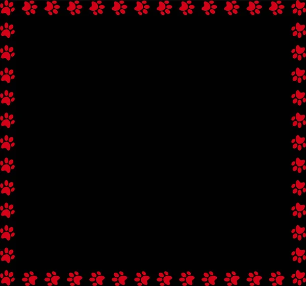 Fyrkantig ram gjord av röd djur tassavtryck på svart bakgrund. — Stock vektor