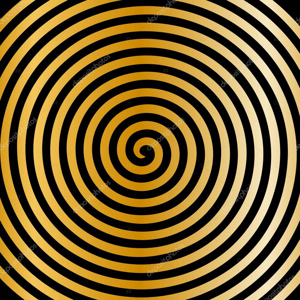 Black gold round abstract vortex hypnotic spiral wallpaper. Vector illustration optical illusion spiral anaglyph opt art illustration. Volute, spiral, concentric lines, circular, rotating background.