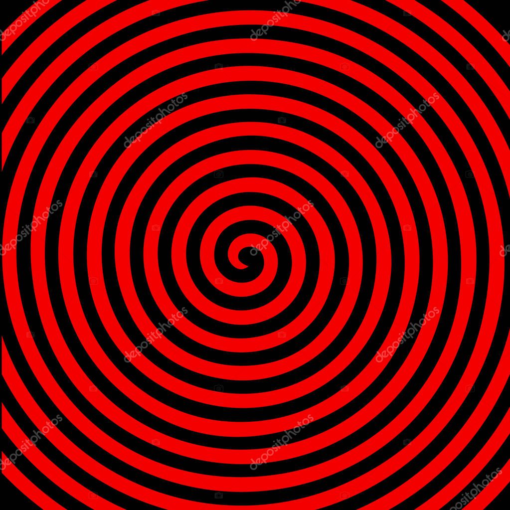 Black red round abstract vortex hypnotic spiral wallpaper. Vector illustration optical illusion spiral anaglyph opt art illustration. Volute, spiral, concentric lines, circular, rotating background.