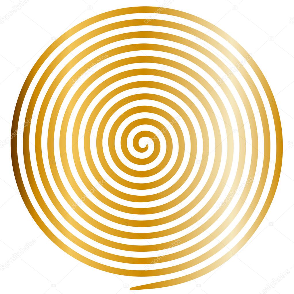 Gold round abstract vortex hypnotic spiral. Vector illustration optical illusion helix anaglyph opt art illustration. Volute, maze, concentric lines, circular, rotating clip art isolated on white