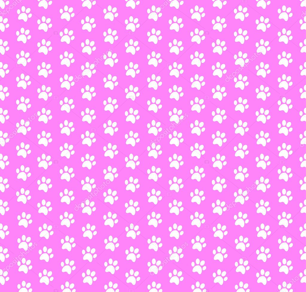 Square seamless baby pattern of white animal paw prints on pink background.