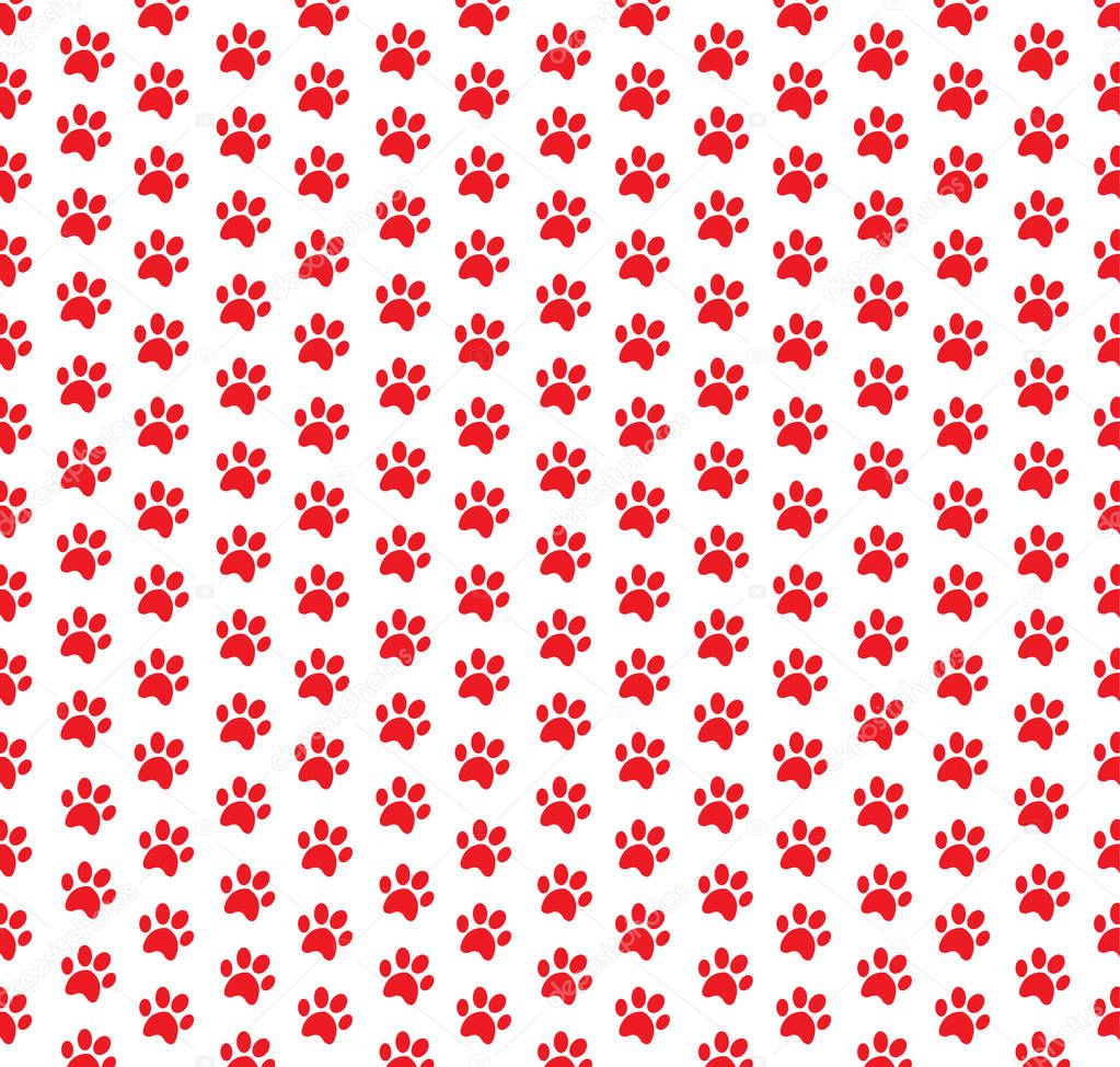 Square seamless pattern of red animals pawprints on white background.