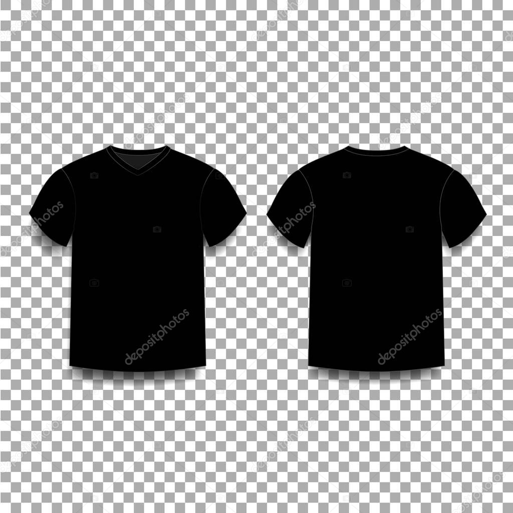 Black men's t-shirt template v-neck front and back side views.