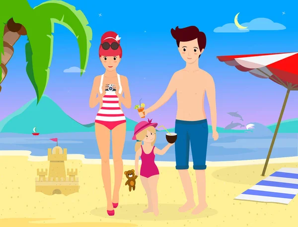 Eltern mit Kind stehen am Strand und genießen den Sommer — Stockvektor