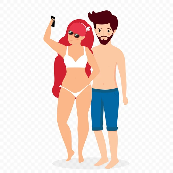 Coppia making selfie su spiaggia isolato clip art — Vettoriale Stock