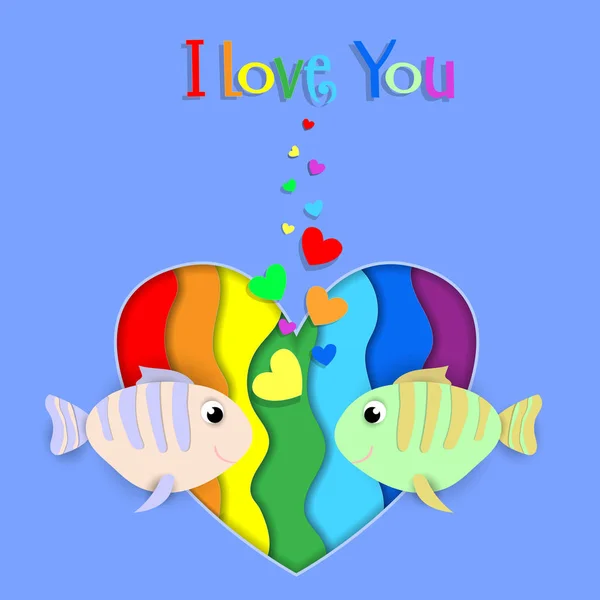 I love you paper cut fish couple on rainbow heart — 스톡 벡터