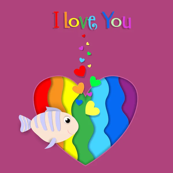 I love you paper cut fish on rainbow heart card — 스톡 벡터