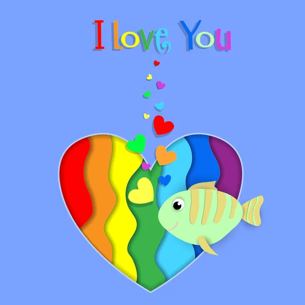 Eu amo você papel cortar peixe no cartão do coração arco-íris — Fotografia de Stock