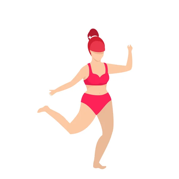 Товста жінка у червоному плавальному мішку біжить по пляжу — стокове фото