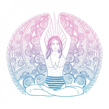 Genç güzel kız yoga yapıyor. Vintage dekoratif vektör çizim. Elle çizilmiş arka plan. Mehenidi süslü dekoratif tarzı. Yoga studio kavramı, Hint, Hint motifleri.