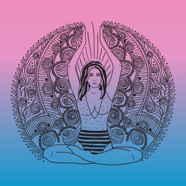 Lotus pozisyonu için yoga mat güzel kız. Vektör çizim mandala arka plan üzerinde renkli. Tasarım konsepti yoga, sakin ol, mutluluk, meditasyon, Hint