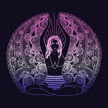 Genç güzel kız yoga yapıyor. Vintage dekoratif vektör çizim. Elle çizilmiş arka plan. Mehdi süslü dekoratif tarzı. Yoga studio kavramı, Hint, Hint motifleri.