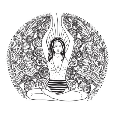 Genç güzel kız yoga yapıyor. Vintage dekoratif vektör çizim. Elle çizilmiş arka plan. Mehenidi süslü dekoratif tarzı. Yoga studio kavramı, Hint, Hint motifleri.