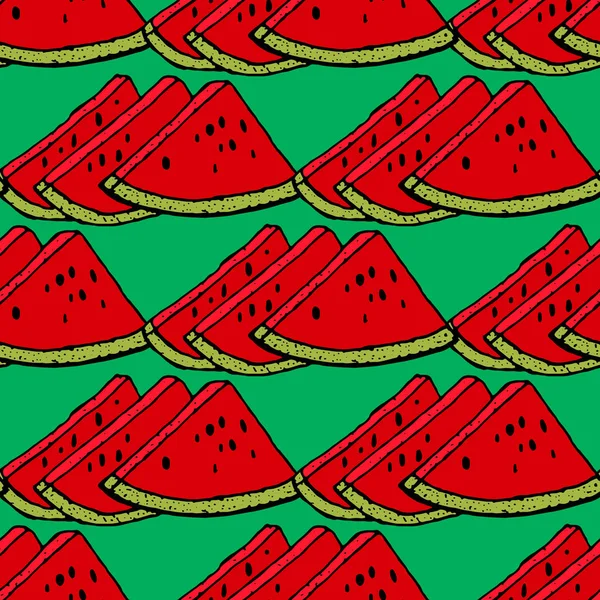 Cute Red Watermelon Slice Design Striped Blue Background Seamless Pattern — Stock Vector