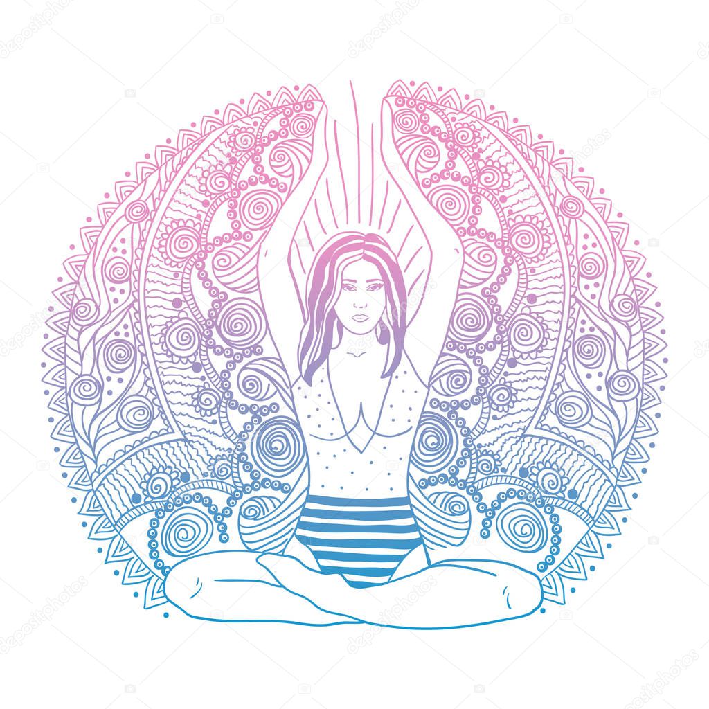 Young pretty girl doing yoga. Vintage decorative vector illustration. Hand drawn background. Mehenidi ornate decorative style. Yoga studio concept, Indian, Hindu motifs.