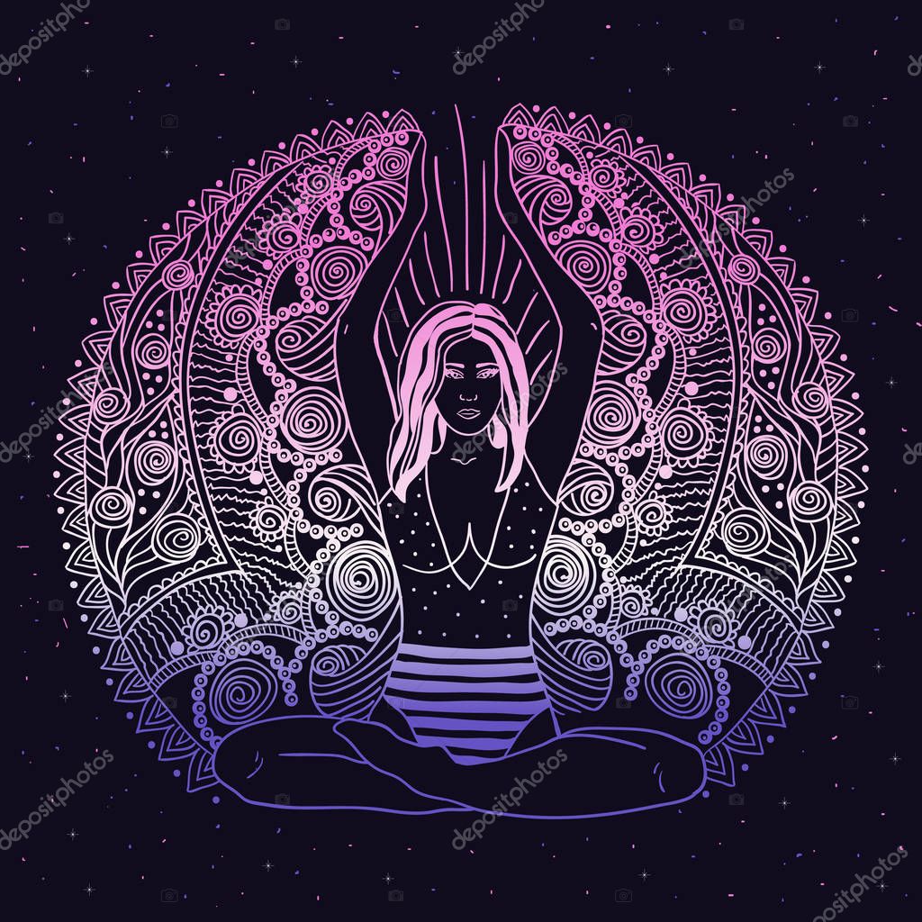 Young pretty girl doing yoga. Vintage decorative vector illustration. Hand drawn background. Mehendi ornate decorative style. Yoga studio concept, Indian, Hindu motifs.