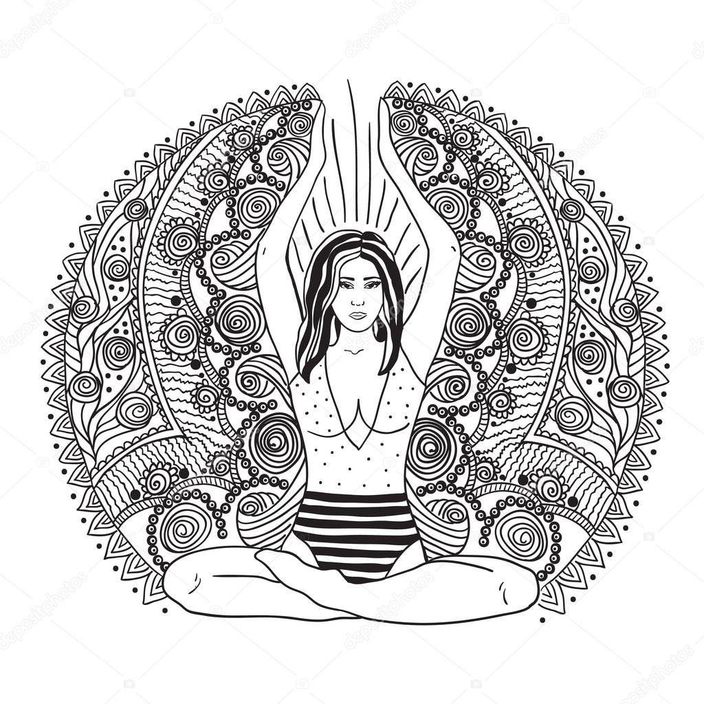 Young pretty girl doing yoga. Vintage decorative vector illustration. Hand drawn background. Mehenidi ornate decorative style. Yoga studio concept, Indian, Hindu motifs.
