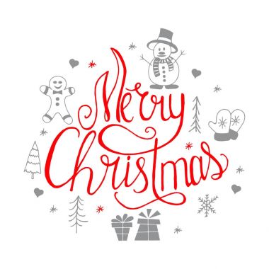Merry ve tasarım yazı parlak. Christmas simgeleri ayarlayın. El yazı kaligrafi