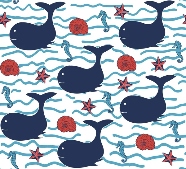 Motif Nautique Avec Baleines Étoiles Mer Coquillages Hippocampes — Image vectorielle