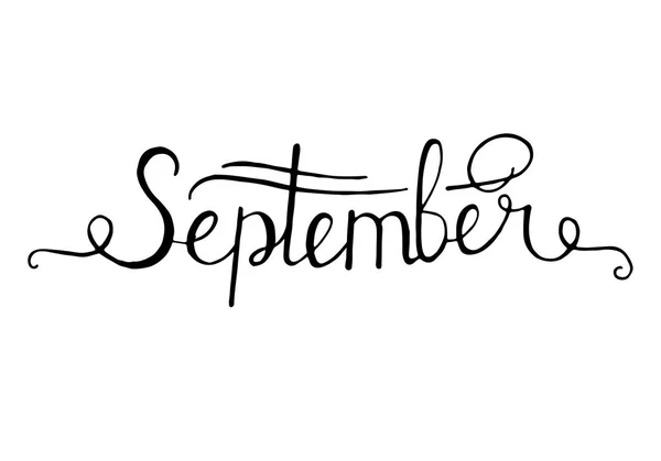 Merhaba Eylül yazı elle çizilmiş mürekkep siyah beyaz arka plan üzerinde izole. — Stok Vektör
