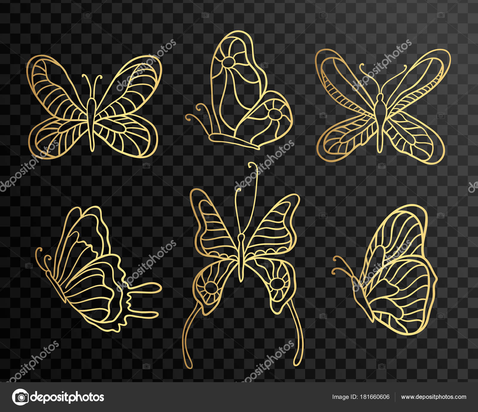 集蝴蝶。在透明背景上隔离的蝴蝶图标。黑色背景金花边蝴蝶. 图库矢量图©Mila1717 181660606