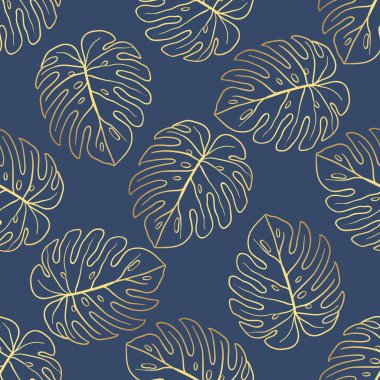 Sorunsuz vektör tropikal desen. Tropikal altın yaprakları, orman yaprakları.