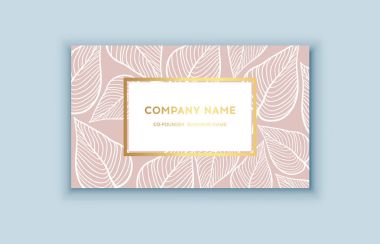 Vektör tropikal pembe ve altın kartvizit. Kozmetik, spa, parfüm, sağlık ürünleri için egzotik tasarım.