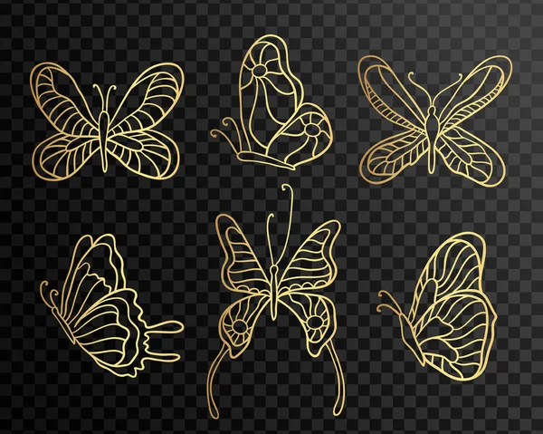 Kelebekler kümesi. Simgeleri şeffaf arka plan üzerinde izole kelebek. Siyah zemin üzerine altın dantel kelebek. — Stok Vektör