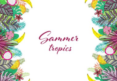 Yaprak ve çiçek tropikal egzotik bitkiler ile kompozisyon yaz. Düğün davetiyesi veya egzotik tropik çiçekler ve yapraklar kart tasarımı