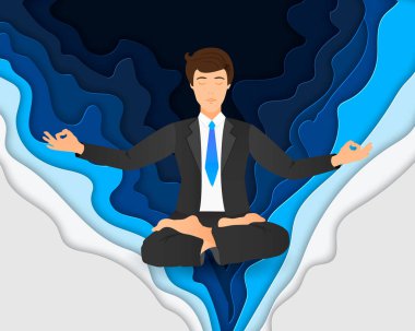 Lotus poz oturan işadamı vektör Illustration. Ofis çalışanı rüya gibi mandala arka plan üzerinde meditasyon. Gerçekçi trendy zanaat tarzı kağıt sanat karikatür soyut dalgalar. Soyut geometri yatıyordu