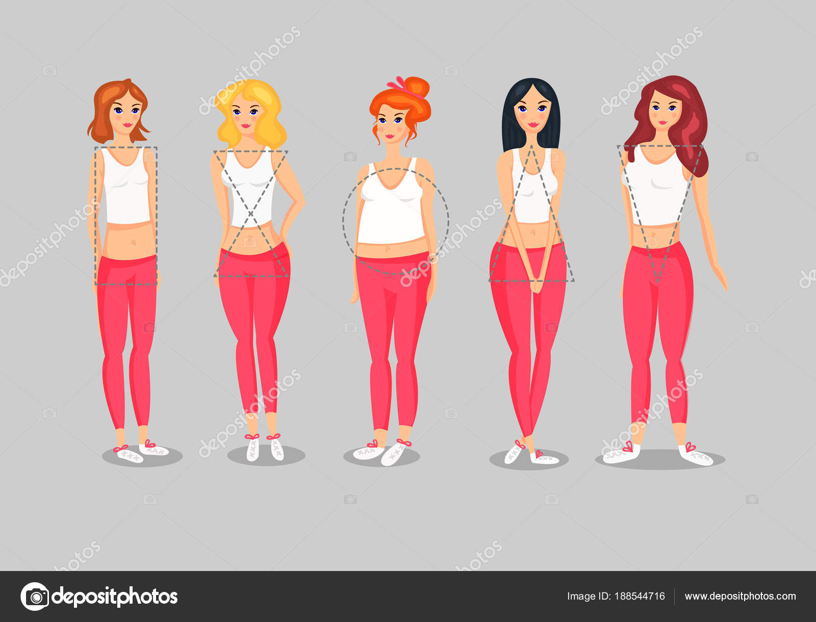 Set of female body shape types - triangle, pear, hourglass, apple